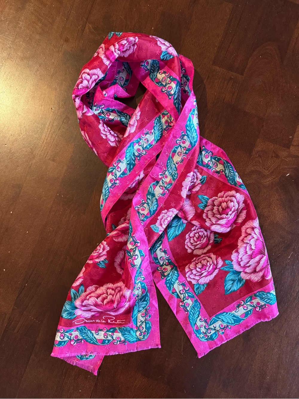 Vintage Oscar de la Renta 100% Silk Floral Scarf Pink Red Japan